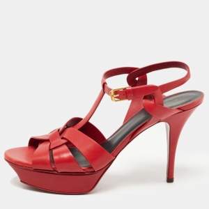 Saint Laurent Red Leather Tribute Platform Ankle Strap Sandals Size 41