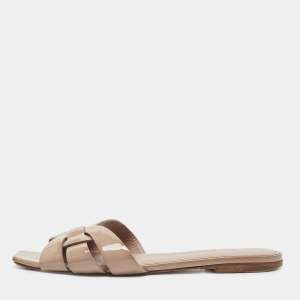 Saint Laurent Beige Patent Leather Tribute Flat Slides Size 39