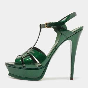 Saint Laurent Green Patent Leather Tribute Ankle Strap Sandals Size 40