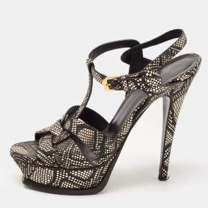 Saint Laurent Black/Gold Textured Leather Tribute Sandals Size 36.5