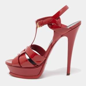 Saint Laurent Red Patent Leather Tribute Platform Ankle Strap Sandals Size 39