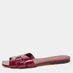Saint Laurent Burgundy Patent Leather Tribute Flat Slides Size 40