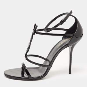 Saint Laurent Black Patent Leather Cassandra Strappy Sandals Size 42