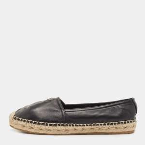 Saint Laurent Black Leather Embossed Logo Espadrille Flats Size 36