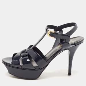 Saint Laurent Navy Blue Patent Leather Tribute Sandals Size 35.5