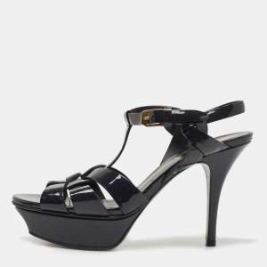 Saint Laurent Paris Navy Blue Patent Leather Tribute Sandals Size 36