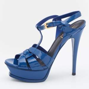 Saint Laurent Blue Patent Leather Tribute Platform Sandals Size 36.5 