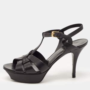 Saint Laurent Black Leather Tribute Ankle Strap Sandals Size 38.5