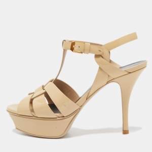 Saint Laurent Beige Leather Tribute Platform Sandals Size 35 
