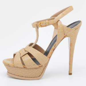 Saint Laurent Beige Croc Embossed Leather Tribute Sandals Size 38.5