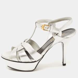Saint Laurent Silver Leather Tribute Sandals Size 35