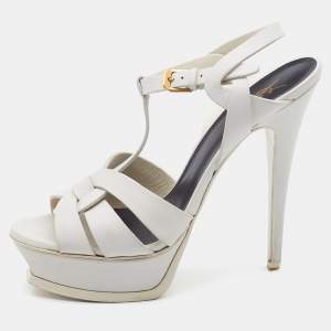 Saint Laurent White Leather Tribute Ankle Strap Sandals Size 38.5