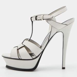 Saint Laurent White Leather Tribute Ankle Strap Sandals Size 38