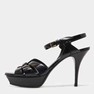 Saint Laurent Paris Black Leather Tribute Platform Ankle Strap Sandals Size 40.5