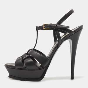 Saint Laurent Black Leather Tribute Platform Ankle Strap Sandals Size 40