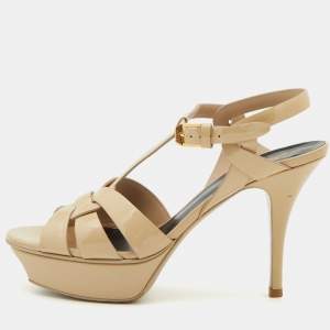 Saint Laurent Beige Patent Leather Tribute Sandals Size 37