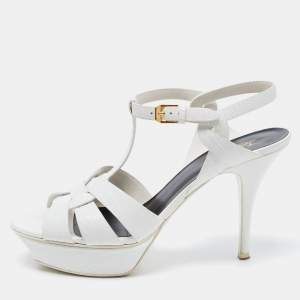 Saint Laurent Paris White Lizard Embossed Leather Tribute Platform Ankle Strap Sandals Size 40