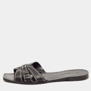 Saint Laurent Black Leather Tribute Studded Flat Slides Size 38.5