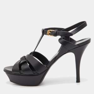 Saint Laurent Black Leather Tribute Ankle Strap Sandals Size 37