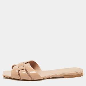 Saint Laurent Beige Patent Leather Tribute Flat Slides Size 39