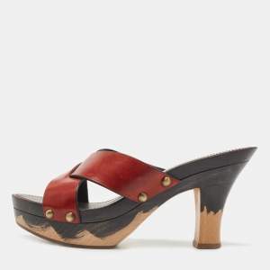Saint Laurent Brown Leather Cross Strap Wooden Clogs Size 38