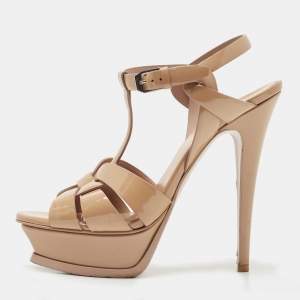 Saint Laurent Beige Leather Tribute Platform Ankle Strap Sandals Size 36