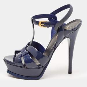 Saint Laurent Navy Blue Patent Leather Tribute Platform Ankle Strap Sandals Size 36