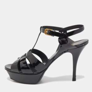 Saint Laurent Black Leather Tribute Platform Ankle Strap Sandals Size 37.5