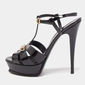 Saint Laurent Black Patent Leather Chain Detail Tribute Sandals Size 38