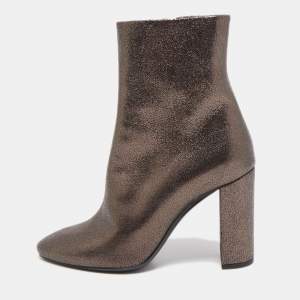 Pre Owned Saint Laurent Paris Metallic Foil Leather Block Heel Ankle Booties Size 37