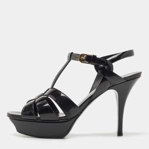 Saint Laurent Paris Black Leather Tribute Platform Ankle Strap Sandals Size 38