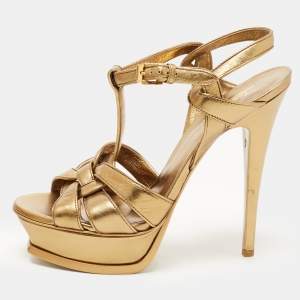 Saint Laurent Metallic Gold Leather Tribute Ankle Strap Platform Sandals Size 38