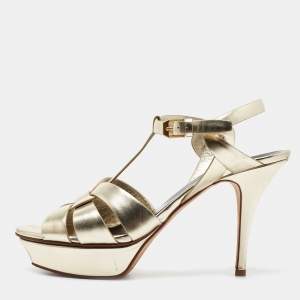Saint Laurent Paris Gold Leather Tribute Platform Ankle Strap Sandals Size 40.5
