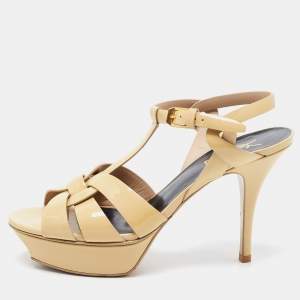 Saint Laurent Beige Patent Leather Tribute Sandals Size 38