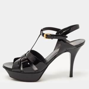 Saint Laurent Black Patent Leather Tribute Platform Ankle Strap Sandals Size 39.5