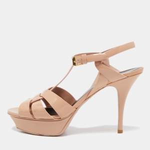 Saint Laurent Pink Patent Leather Tribute Platform Ankle Strap Sandals Size 40
