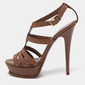 Saint Laurent Paris Brown Leather Platform Ankle Strap Sandals Size 38