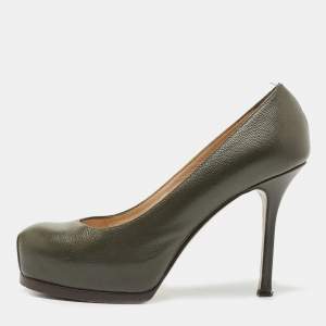 Saint Laurent Dark Green Leather Tribtoo Platform Pumps Size 36