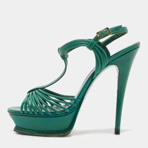 Saint Laurent Green Leather  Platform Ankle Strap Sandals Size 39