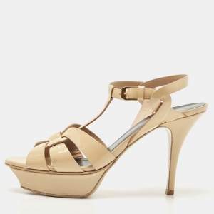 Saint Laurent Beige Patent Leather Tribute Sandals Size 38.5