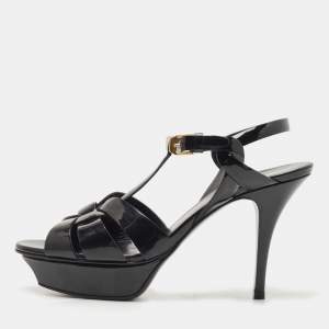 Saint Laurent Black Patent Tribute Sandals Size 38.5