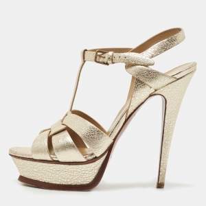 Saint Laurent Gold Texture Leather Tribute Sandals Size 39