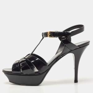 Saint Laurent Black Patent Leather Tribute Sandals Size 38