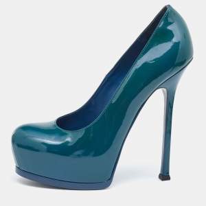 Saint Laurent Blue Patent Leather Tribtoo Platform Pumps Size 40