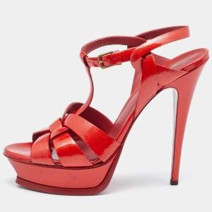 Saint Laurent Red Patent Leather Tribute Ankle Strap Sandals Size 41