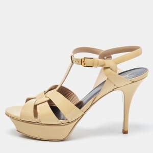Saint Laurent Beige Patent Leather Tribute  Sandals Size 39.5