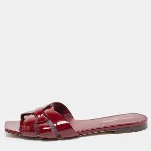 Saint Laurent Burgundy Patent Leather Tribute Flat Slides Size 37.5