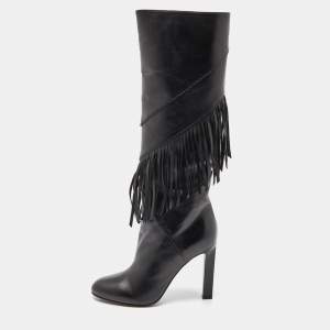Saint Laurent Black Leather Fringe Grace Knee Length Boots Size 38.5