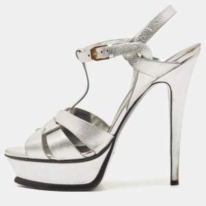 مملوكة مسبقًا Saint Laurent Silver Leather Tribute Sandals Size 41