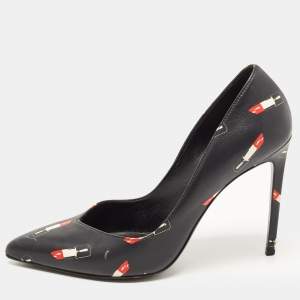 Saint Laurent Black Lipstick Print Leather Pointed Toe Pumps Size 37.5